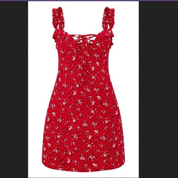 🐣NWT Pretty little thing Ruffled Babydoll Red Ditsy Floral Print Bodycon Dress - Picture 4 of 15